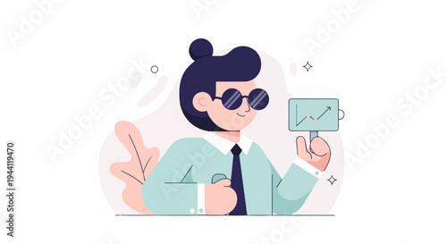 Animated individual in suit and sunglasses holds up graph showing upward trend