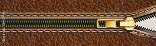 Close-up metal zipper slider on brown leather background with stitching, realistic fashion and bag hardware detail banner template