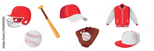 Set of baseball game items in cartoon style. Vector illustration: baseball helmet with metal grille, ball, bat, baseball caps, red sports jacket, brown leather glove, isolated on white background.