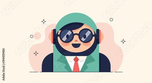 Animated character wearing headphones and glasses, dressed formally
