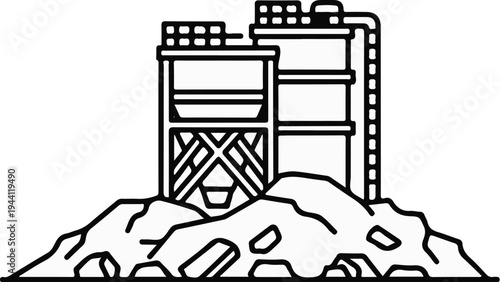 Industrial facility with storage tanks and scaffolding on a rocky terrain