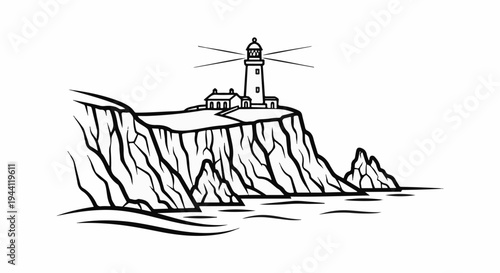 Black and white line drawing of a lighthouse on a cliff by the sea