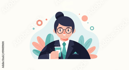 Person in suit and tie holding a coffee cup, stylized foliage background