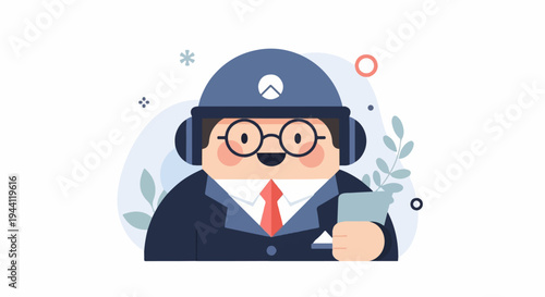 Cheerful cartoon man in suit and headphones holding a tablet
