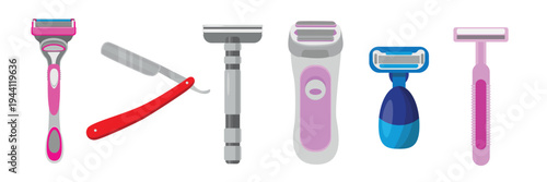 Set of razors for shaving in cartoon style.Vector illustration of razors for men and women: cassette razors, shaver, electric razor, disposable isolated on white background.Hair removal on body, face.
