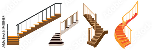 Set of beautiful wooden stairs in cartoon style. Vector illustration of various stairs with metal railings, spiral staircases for interior of houses, apartment buildings isolated on white background.