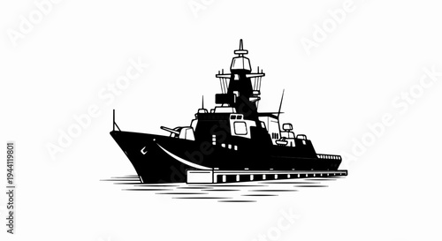 Stylized black and white illustration of a modern naval warship on water