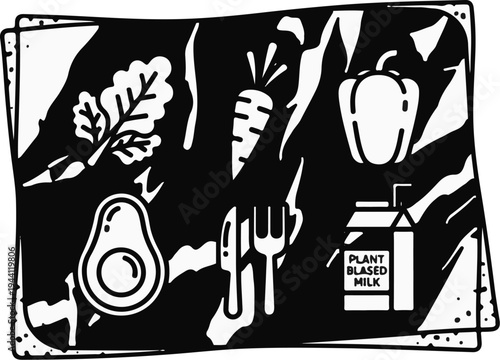 Whimsical monochrome illustration of healthy plant-based foods and drink