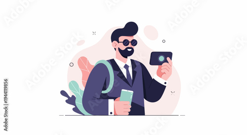 Stylish man in suit taking photos with phone and camera