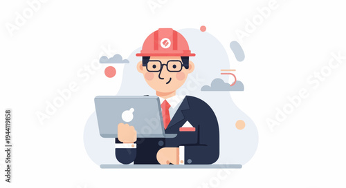 Cartoon engineer in hard hat and suit holds laptop, focused on work