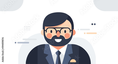 A smiling, bearded man in a dark suit and tie, wearing glasses