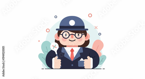 Smiling person in hat, glasses, suit, and tie holds a plus/minus sign