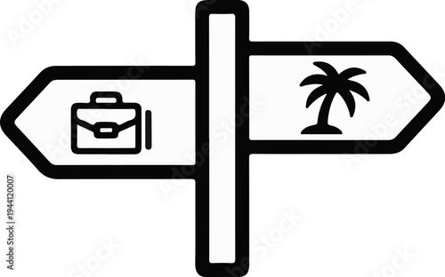 Crossroads sign pointing to work and vacation destinations