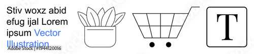 E-commerce, nature, branding, graphic design, online shopping, creativity. Potted plant, shopping cart and typography icon align in black-and-white minimal style. E-commerce and branding design