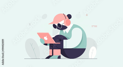 Stylized character with headphones and laptop amidst abstract foliage