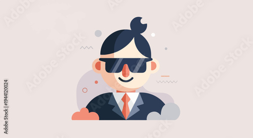 Stylized illustration of a person in a suit and sunglasses with abstract elements