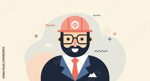 Cartoon man wearing hard hat and glasses, professional attire