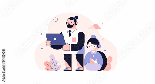 Two people with headphones, one holding a laptop, the other reading a book