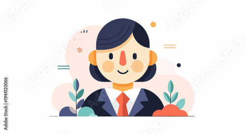 Cheerful character in suit with plants and abstract shapes
