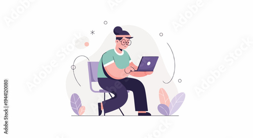 Person with glasses sits on chair using laptop, abstract shapes background