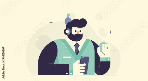 Illustrated man with beard, headphones, and smartphone, holding up a hand