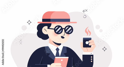 Stylized person in hat and glasses holds phone and hot drink
