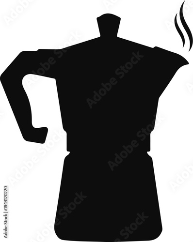 Black silhouette of a stovetop coffee maker with steam rising