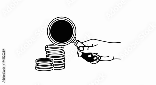 Hand holding magnifying glass over stacks of coins, close-up