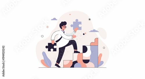 Person climbing stairs made of puzzle pieces, holding another puzzle piece