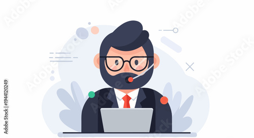 Flat illustration of a person with headset and laptop