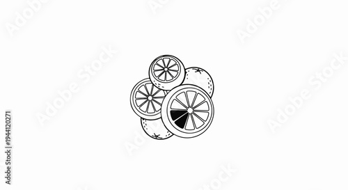 Black and white line drawing of a pile of oranges and orange slices