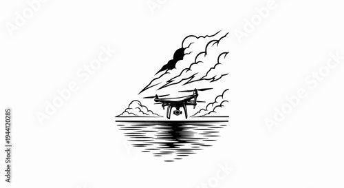 Drone flies over choppy water with stormy clouds above