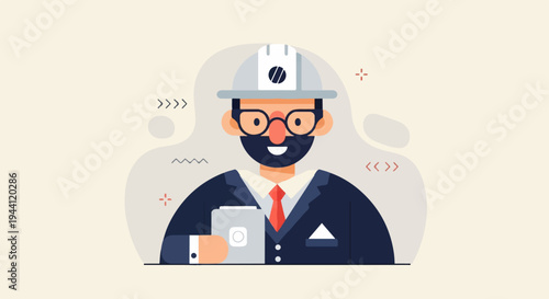 Flat design illustration of a smiling engineer in a hard hat and suit