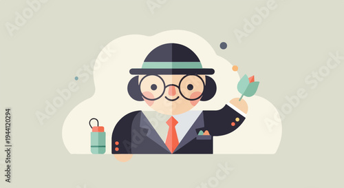 Minimalist cartoon character in a suit, hat, and glasses holds a flower
