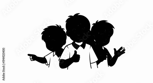 Three cartoon boys, one giving thumbs up, another waving, and one pointing