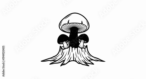 Black and white illustration of mushrooms growing from a tree stump