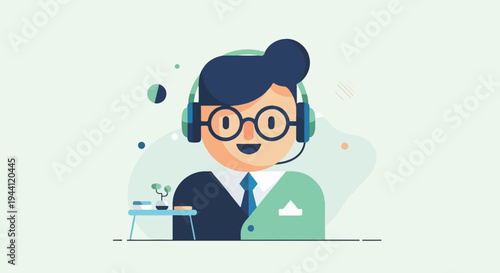 Cheerful person in headphones and glasses, ready to help