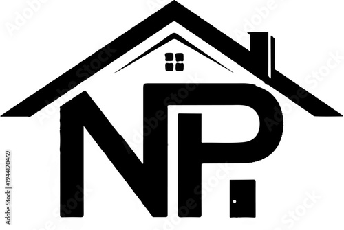 Abstract house roof with large bold letters N and P, and window detail