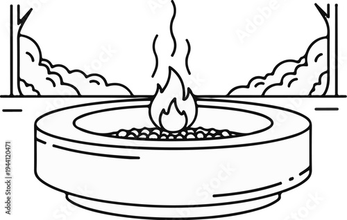 Outline of a round fire pit with flames rising from decorative stones