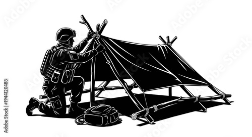 Silhouette of a soldier in tactical gear kneeling and setting up a makeshift tarp shelter using branches