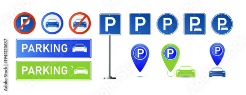 Car parking eco electric icon set. Parking and traffic signs isolated on white background. Map parking pointer. Vector