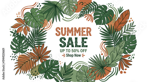 Vibrant summer sale promotional graphic featuring lush green tropical leaves and discount text