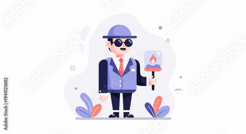 Animated man in suit and hat holding a lit lantern