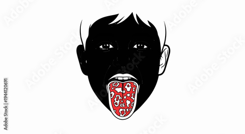 Black face with mouth open showing patterned red tongue