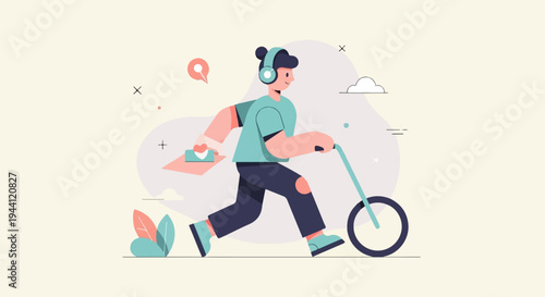Stylized person with headphones rides a unicycle carrying a package