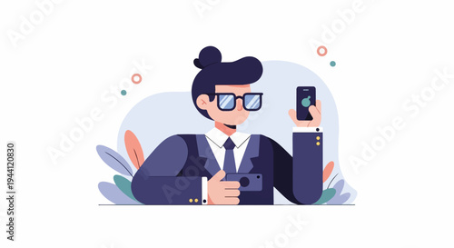 A person in a suit holds two phones, one for a selfie