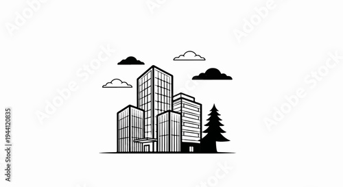 Stylized sketch of modern tall buildings with clouds and a tree