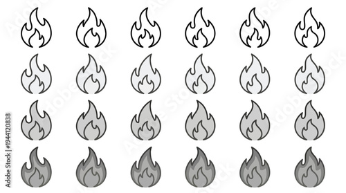 Set of 16 identical flame icons in various gray shades and black outlines for hot burning or energy concepts