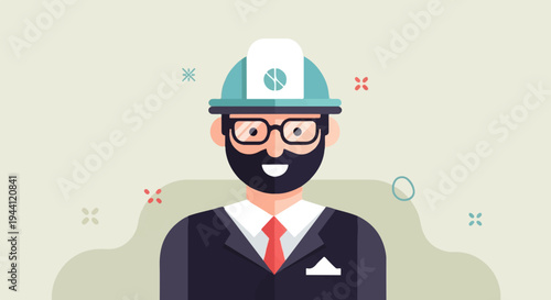 Flat illustration of a man in a suit with hard hat, glasses, and beard