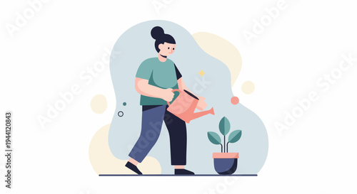 Person watering a potted plant with a watering can, abstract shapes background